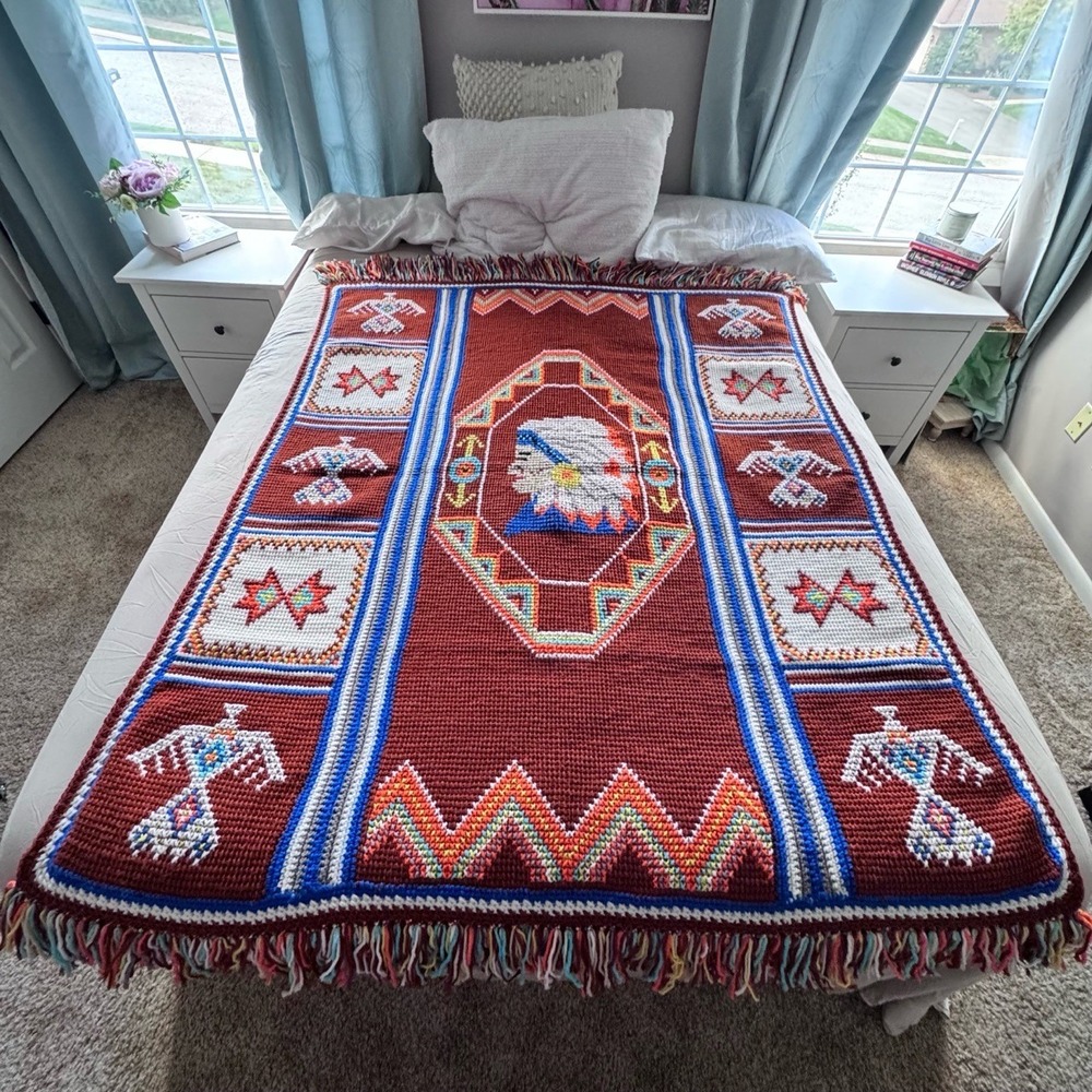 Vintage‎ Southwestern Crochet Afghan Throw 54x59 – Handmade Thunderbird Folk Art - Picture 8 of 9